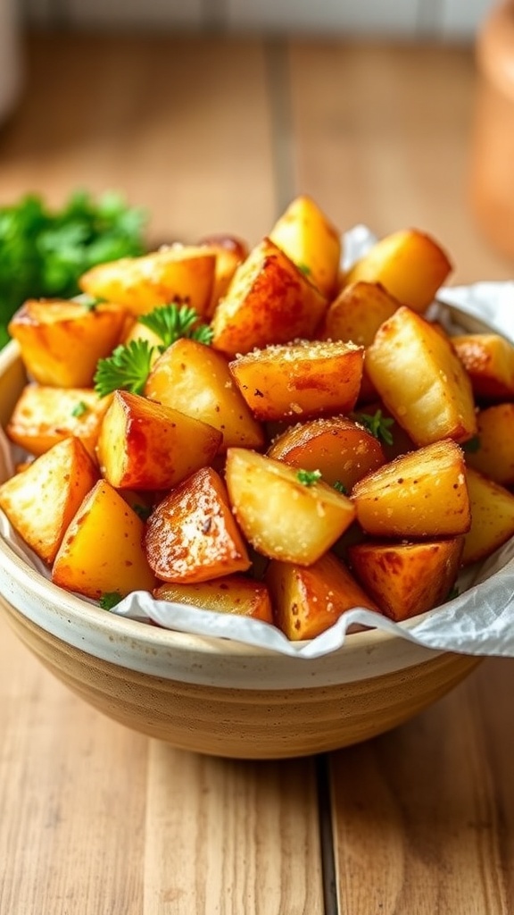 Crispy air fryer potatoes in a bowl, garnished with parsley, on a wooden table.
